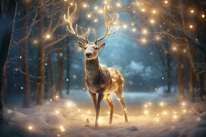 A magic festive reindeer covered in glowing lights in a winter scene. ai generative photo