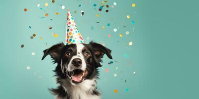 un contento linda perro en un fiesta sombrero celebra un cumpleaños rodeado por que cae papel picado. ai generativo foto