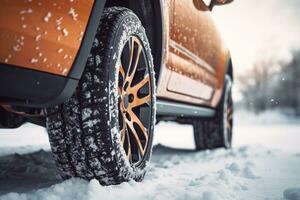 Close-up of the wheel and tracks of an SUV in a snowy area. ai generative photo