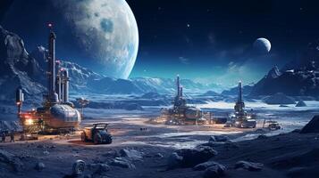 Space mining base operation on the moon surface, with planet Earth in the distance. photo