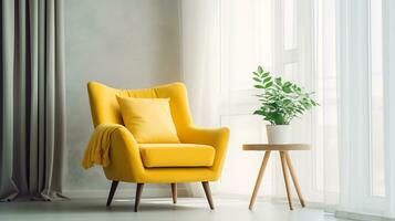 Yellow mid-century armchair against of window dressed with white curtain. Interior design of modern minimalist living room.ai generative photo