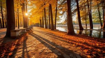 Beautiful romantic alley in a park with colorful trees and sunlight. autumn natural background.ai generative photo