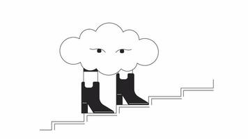 Surreal cloud walking up stairs in boots bw outline 2D animation. Cumulus character stepping up 4K video motion graphic. Dream monochrome linear animated cartoon flat concept, white background