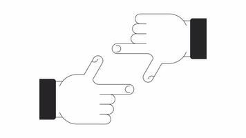 Finger framing bw outline 2D character hands animation. Focus gesture. Perspective monochrome linear cartoon 4K video. Cropping, inspiration animated person body parts isolated on white background video