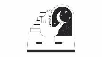 Fantasy surreal night bw outline 2D animation. Hand hanging moon 4K video motion graphic. Holding moon esoteric. Staircase crescent monochrome linear animated cartoon flat concept, white background