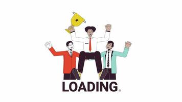 Business team celebrating line 2D loading animation. Victory businesspeople animated cartoon linear characters 4K video loader motion graphic. Corporate team holding trophy cup download process gif