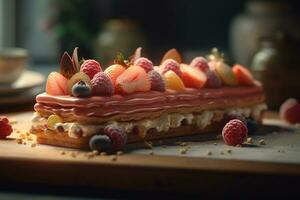 cake with fresh berries, strawberries, raspberries blueberries. summer breakfast. AI generative photo