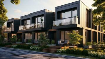 Modern modular private black townhouses. Residential architecture exterior. ai generative photo