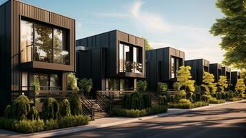 Modern modular private black townhouses. Residential architecture exterior. ai generative photo