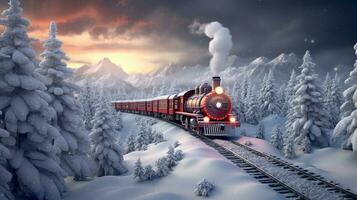 Cute christmas train goes through fantastic winter forest.ai generative photo