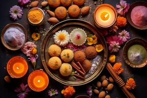 Indian festive Diwali background with sweets. Gulab jamun, carrot halva, snacks with candles, flowers. Assorted Indian desserts. Festive table. view from above. ai generative photo