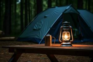 tent, lantern  on wooden table in campsite.ai generative photo