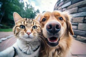 Cat and dog best friends taking a selfie shot. Generative AI illustration photo