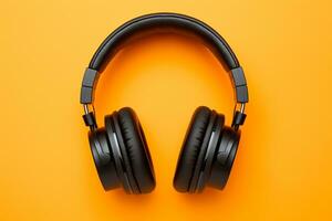 Retro old-fashioned black headphones on vibrant orange background. Flat lay top down view.ai generative photo