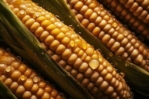 fresh corns, background, visible water drops.ai generative photo