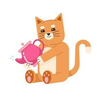 Smiling ginger cat holding teapot semi flat color vector character. Pouring drink. Editable full body animal on white. Simple cartoon spot illustration for web graphic design