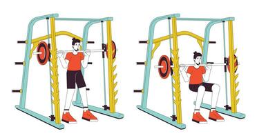 Muscle building with weight power rack flat line vector spot illustration. Sportsman 2D cartoon outline character on white for web UI design. Gaining muscle mass editable isolated color hero image