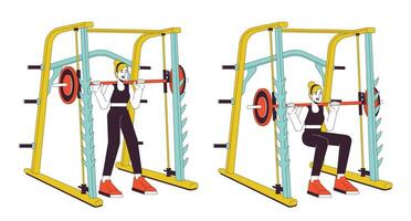 Working out on weight power rack flat line vector spot illustration. Smith machine sportswoman 2D cartoon outline character on white for web UI design. Athletic editable isolated color hero image