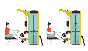 músculo edificio con sentado fila máquina plano línea vector Mancha ilustración. gimnasio chico 2d dibujos animados contorno personaje en blanco para web ui diseño. fortalecimiento ejercicios editable aislado color héroe imagen