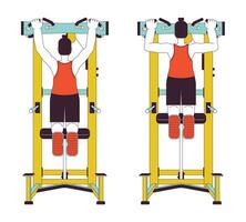 Muscle building with assisted pull up machine flat line vector spot illustration. 2D cartoon outline character on white for web UI design. Bodyweight back exercise editable isolated color hero image