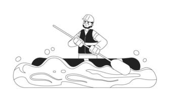 Lifeguard on inflatable boat monochrome concept vector spot illustration. Man rowing saving people during flood 2D flat bw cartoon character for web UI design. Isolated editable hand drawn hero image