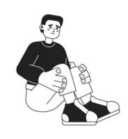 Sad hispanic boy monochromatic flat vector character. Scared young man sitting hugging knees. Editable thin line full body person on white. Simple bw cartoon spot image for web graphic design