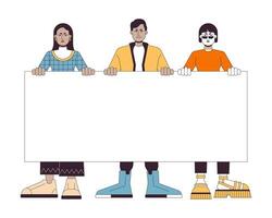 Multinational people holding blank poster flat line color vector characters. Angry people. Editable outline full body person on white. Protest simple cartoon spot illustration for web graphic design