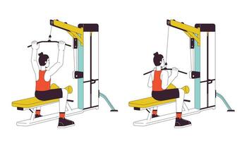 Muscle building with lat pulldown machine flat line vector spot illustration. Sportsman 2D cartoon outline character on white for web UI design. Back exercises editable isolated color hero image