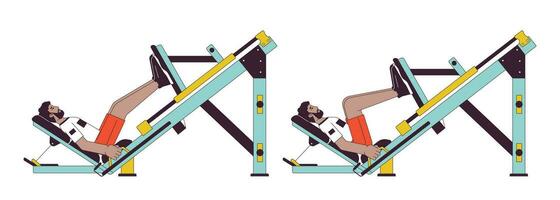 Muscle building with leg press machine flat line vector spot illustration. Athletic male 2D cartoon outline character on white for web UI design. Work out class editable isolated color hero image