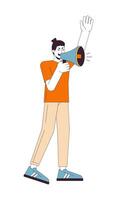 Man screams in megaphone flat line color vector character. Aggressive speech, raising hand. Editable outline full body person on white. Protest simple cartoon spot illustration for web graphic design