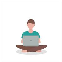 joven hombre sentado en el piso con ordenador portátil. Lanza libre, en línea estudiando, hogar oficina. plano dibujos animados vector ilustración.