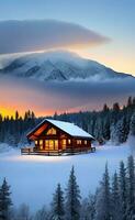 A cozy cabin nestled in the mountains, smoke rising, surrounded by a winter wonderland photo