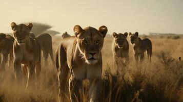 lioness on the background of the African savannah, hot day, animals of Africa. ai generative photo