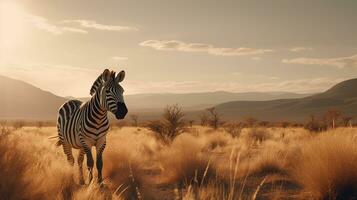 zebra on the background of the African savannah, hot day, animals of Africa. ai generative photo
