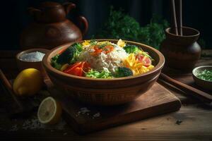 boiled rice with vegetables. Japanese style breakfast. ai generative photo