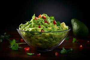 A bowl of guacamole, dark background.ai generative photo