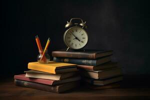 un apilar de libros y un alarma reloj en un de madera mesa. el concepto de consiguiendo educación. ai generativo foto