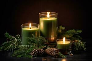 Decorative candles and fir branches. cozy christmas background. ai generative photo