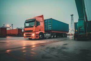 el camión soportes en el industrial Puerto en contra el antecedentes de contenedores durante descarga. concepto de logística y entrega servicio. ai generativo foto