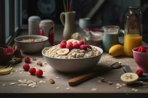 oatmeal with raspberries, banana and apple slices. morning breakfast. ai generative photo