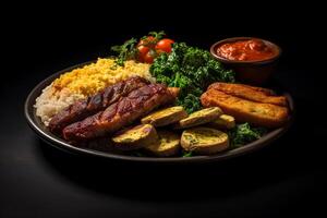 plate with typical brazilian food healthy plate, dark background. photo