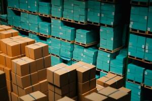 stacks of cardboard boxes for parcels stand in a warehouse. logistics and delivery concept. ai generative photo