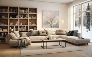 Scandinavian interior design of modern spacious living room.ai generative photo