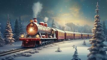 Cute christmas train goes through fantastic winter forest.ai generative photo