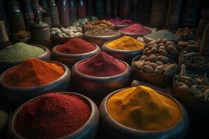 Assorted spices, invigorating, aromatic, bright, spice shop. ai generative photo