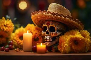 Mexican style skull, sombrero, candles, Day of the Dead background.ai generative photo