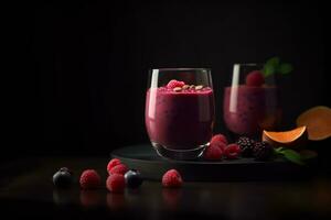 Homemade antioxidant summer fruits smoothie on rustic table. ai generative photo