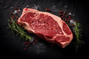 t-bone filete desde crudo carne de res. multa y orgánico carne productos todavía vida de un crudo grueso costilla en un negro antecedentes desde arriba.ai generativo foto