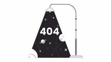 Lamppost light planets galaxy black and white error 404 animation. Stars streetlight error message gif, motion graphic. Lamp illuminating cosmos animated concept linear 4K video isolated on white