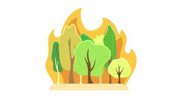 Wildfire natural disaster cartoon animation. Flames forestfire 4K video motion graphic. Deforestation forest fire. Forestry burn. Natural hazard 2D color animated scene isolated on white background